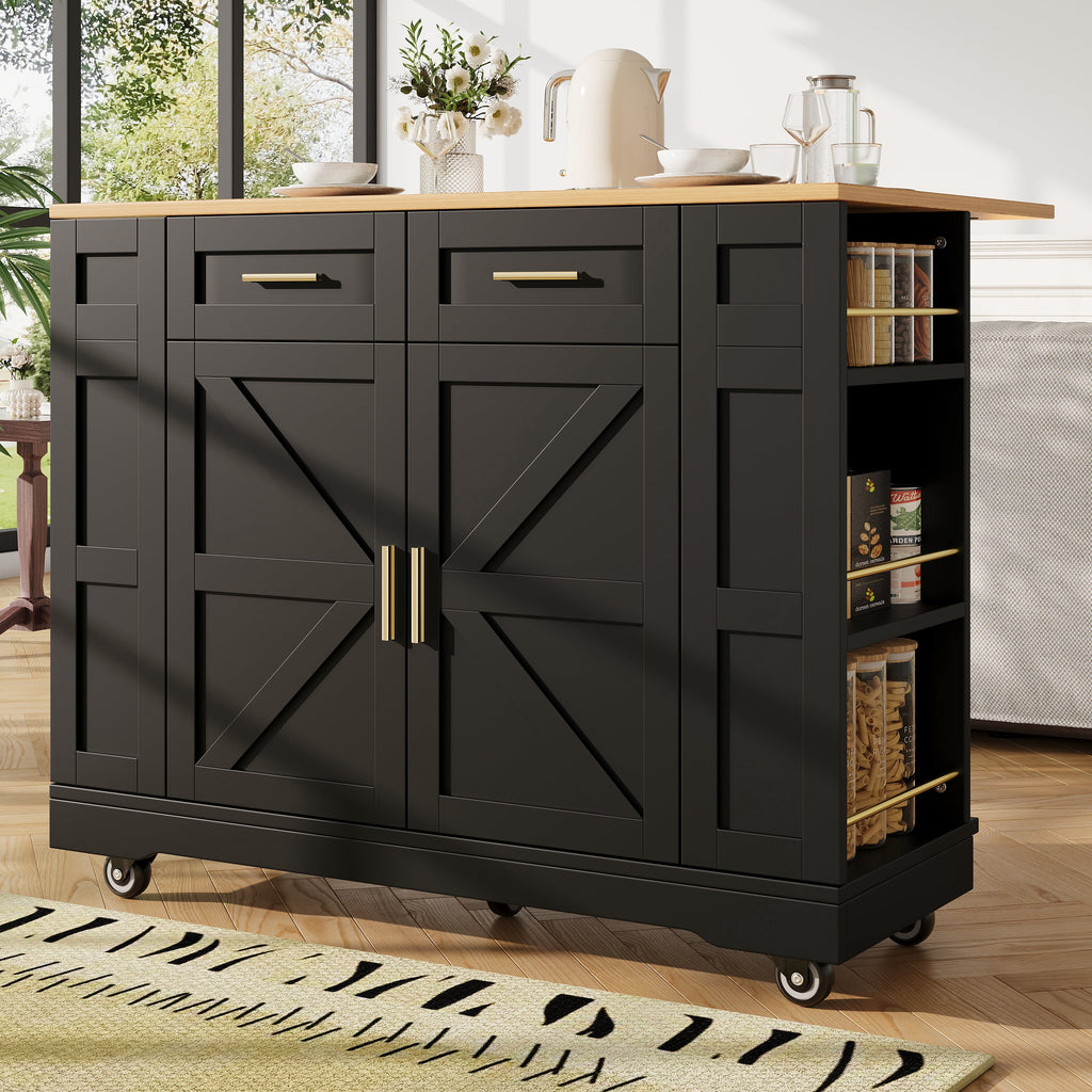 Rolling Kitchen Island with Foldable Top & Storage