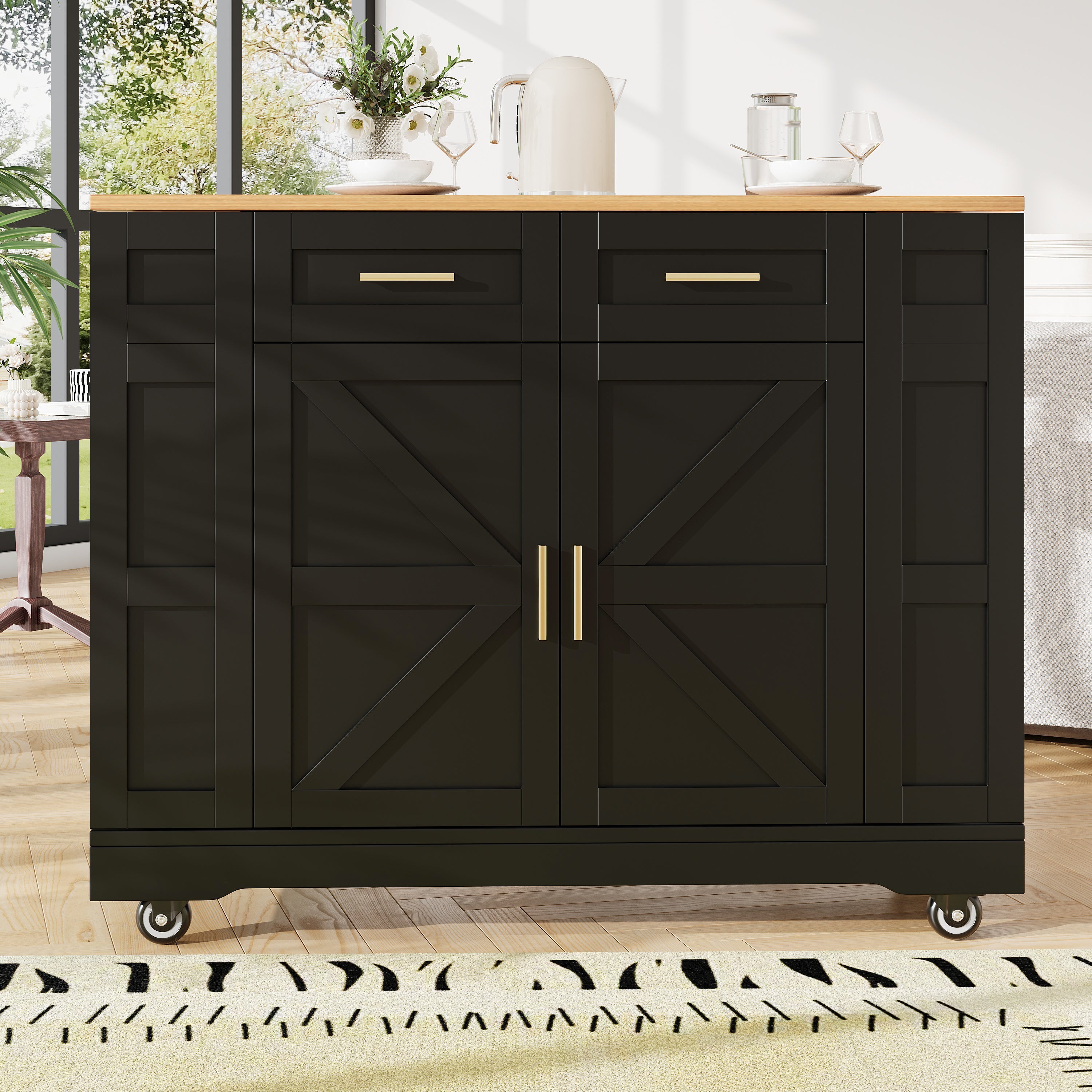 Rolling Kitchen Island with Foldable Top & Storage