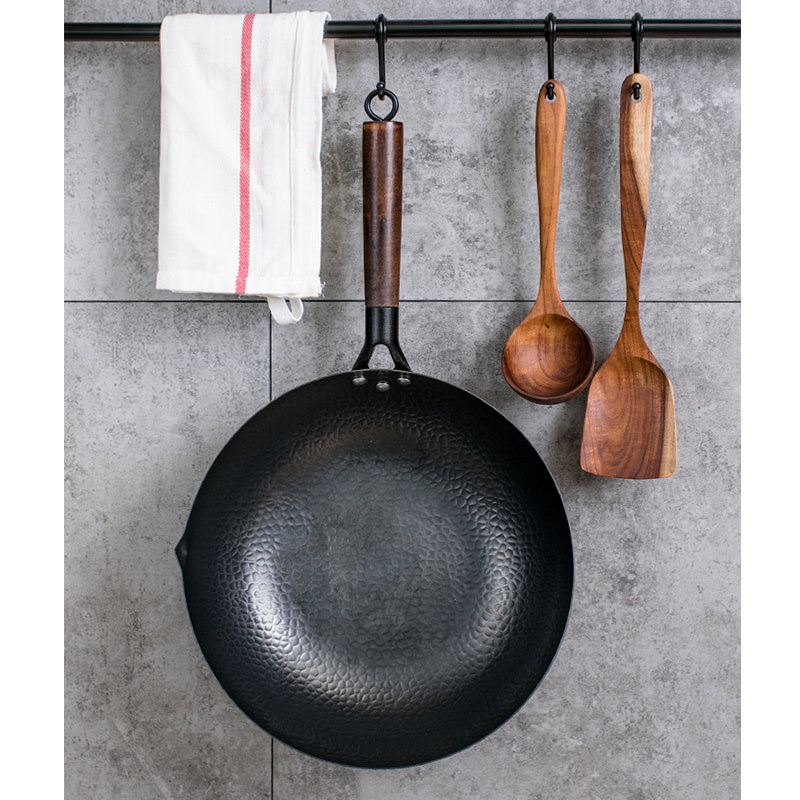 Traditional Handmade Iron Wok with Lid & Wooden Handle