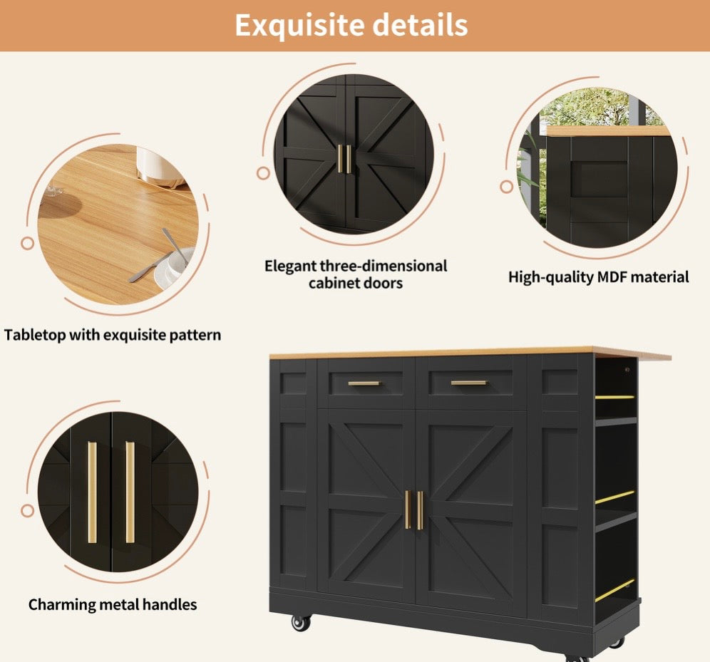 Rolling Kitchen Island with Foldable Top & Storage