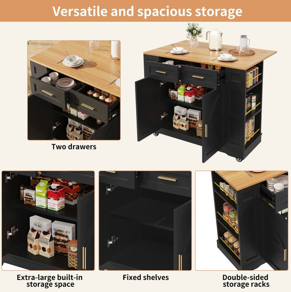 Rolling Kitchen Island with Foldable Top & Storage