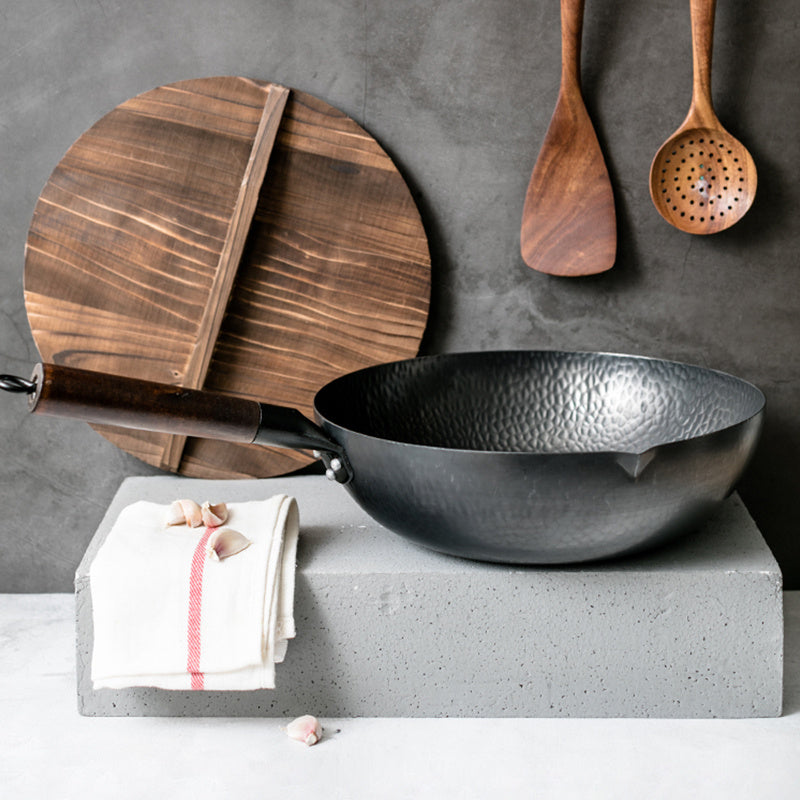 Traditional Handmade Iron Wok with Lid & Wooden Handle