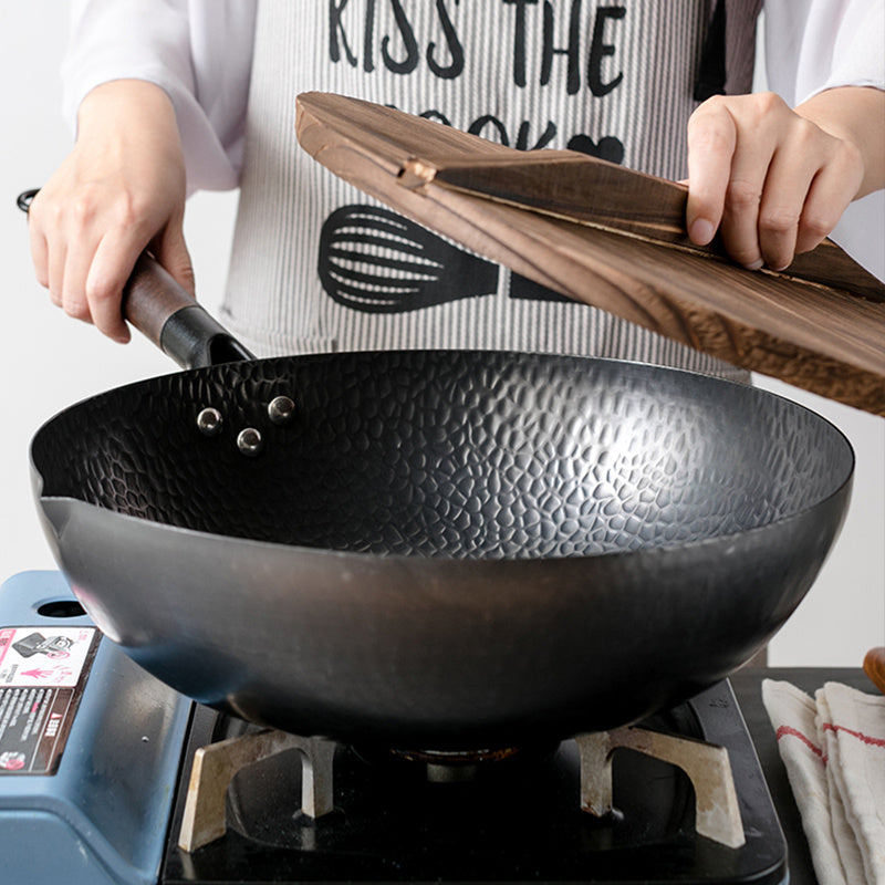Traditional Handmade Iron Wok with Lid & Wooden Handle
