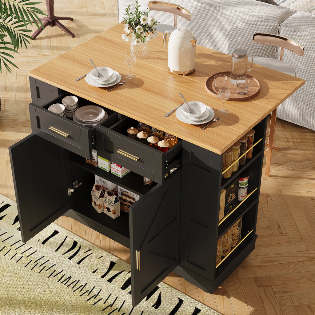 Rolling Kitchen Island with Foldable Top & Storage