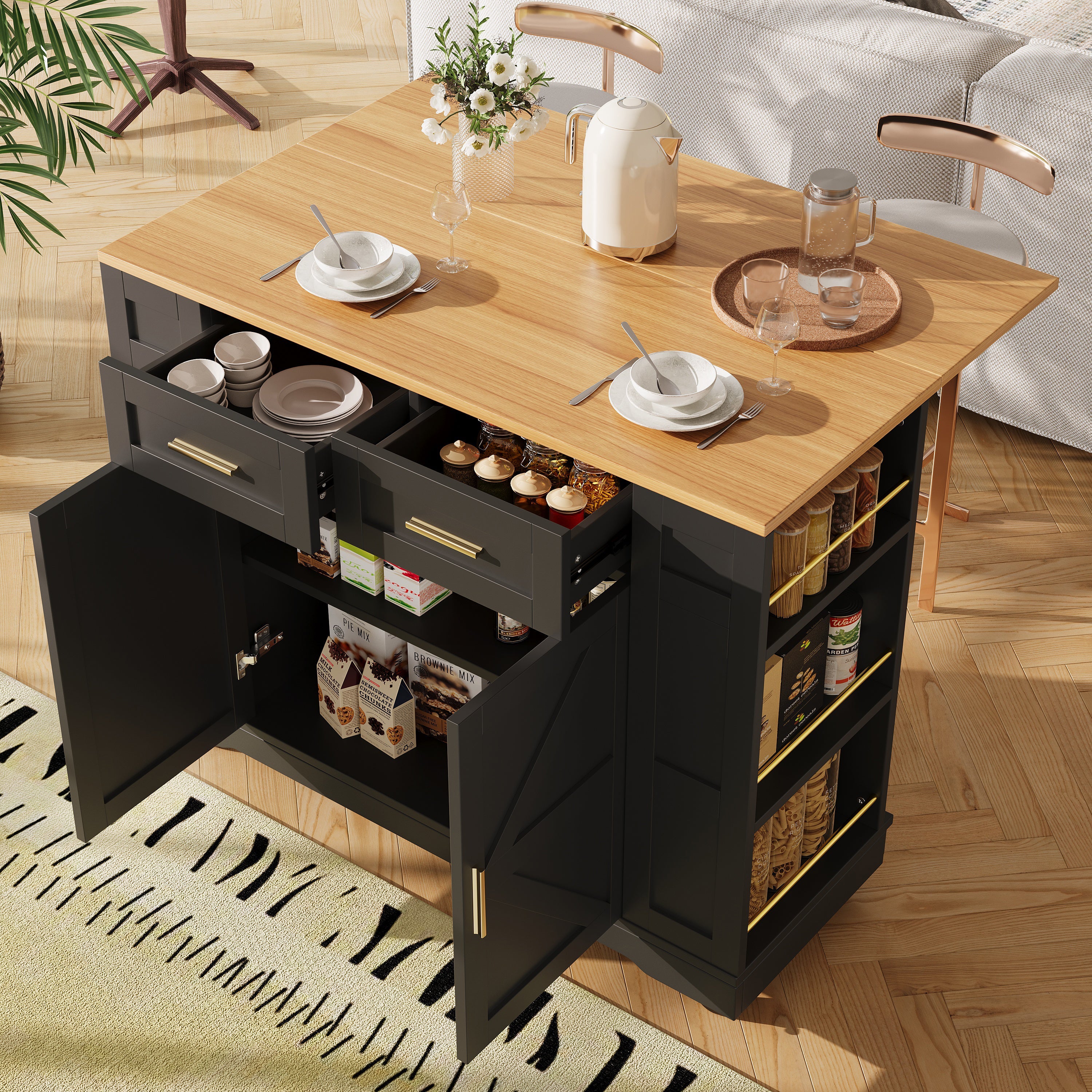 Rolling Kitchen Island with Foldable Top & Storage